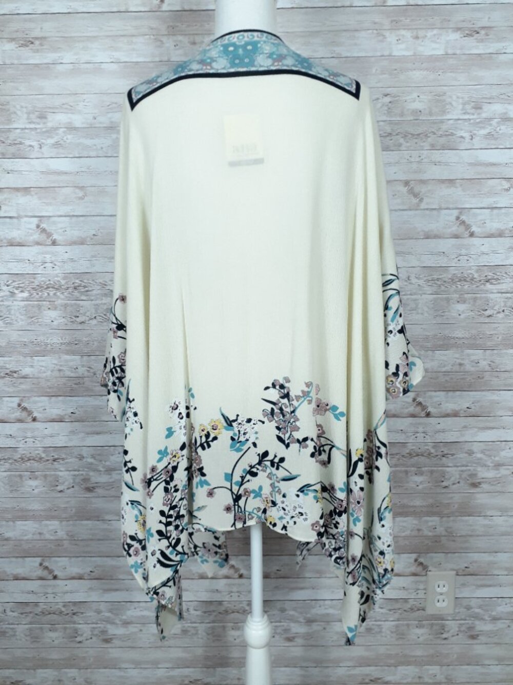 Ana Womens Open Front Kimono One Size Pale Pink Wildflower Blue Trim Beach 955A - Picture 4 of 7